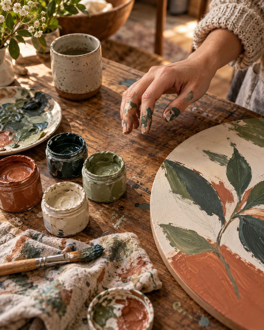 A hand with paint-stained fingers works on a round canvas with green and brown leaf art. Jars of paint, a brush, and a ceramic mug sit on a rustic wooden table, with a cloth and fresh flowers nearby.