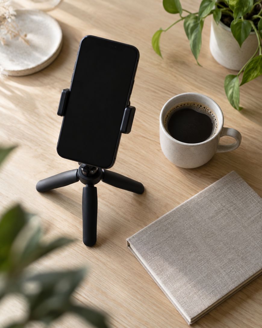 A smartphone on a small tripod sits on a wooden table next to a cup of coffee, a closed fabric-covered notebook, and green potted plants.