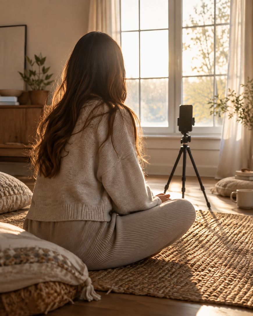 A woman with long hair sits cross-legged on a rug in a cozy, sunlit room facing a camera on a tripod, with plants, pillows, and a mug nearby.