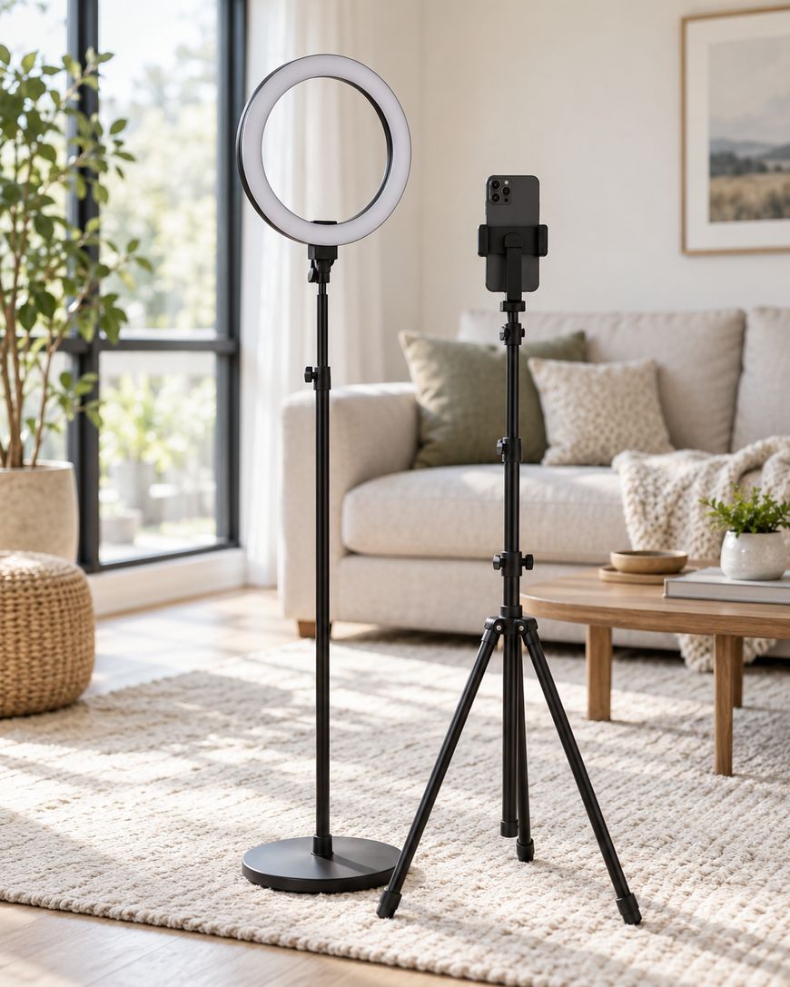A ring light and smartphone on separate tripods are set up in a bright, cozy living room with a beige sofa, woven pouf, and coffee table on a textured rug. Large windows let in natural light.