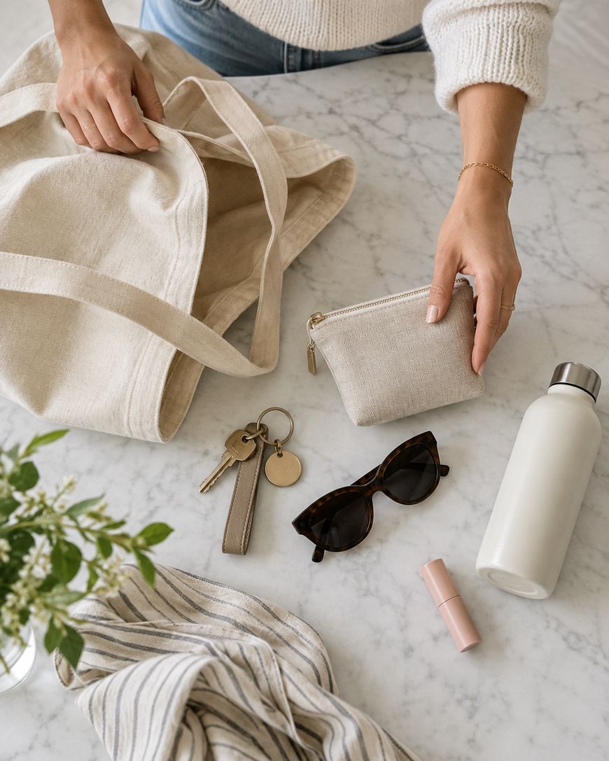 A person packs a beige tote bag with a matching pouch, keys, sunglasses, a white water bottle, and a pink lip balm on a marble surface. A striped cloth and a green leafy plant are also visible.