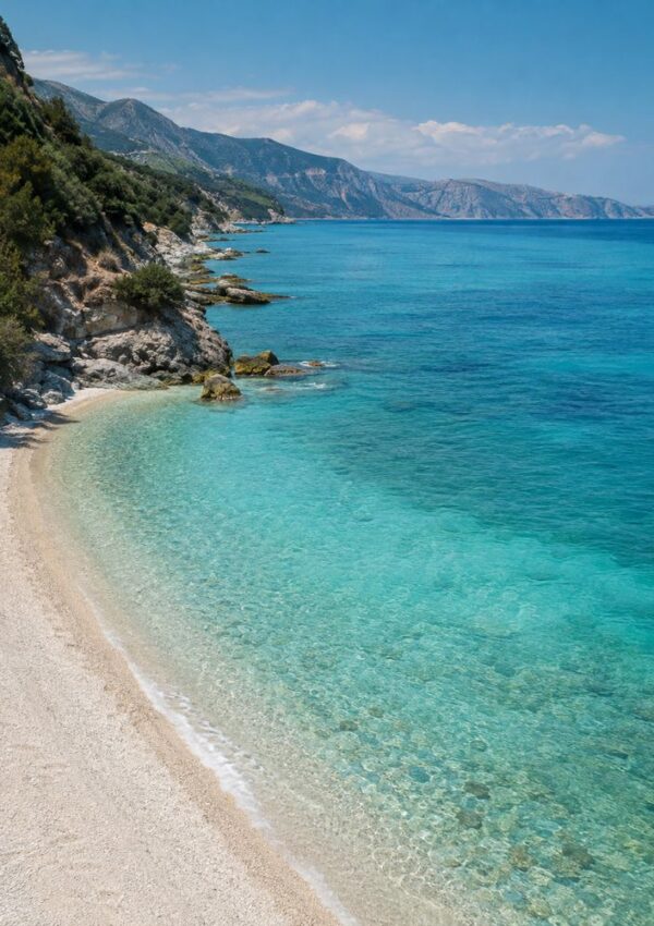 A secluded beach with clear turquoise water, a rocky shoreline, and lush green hills in the background under a bright blue sky.
