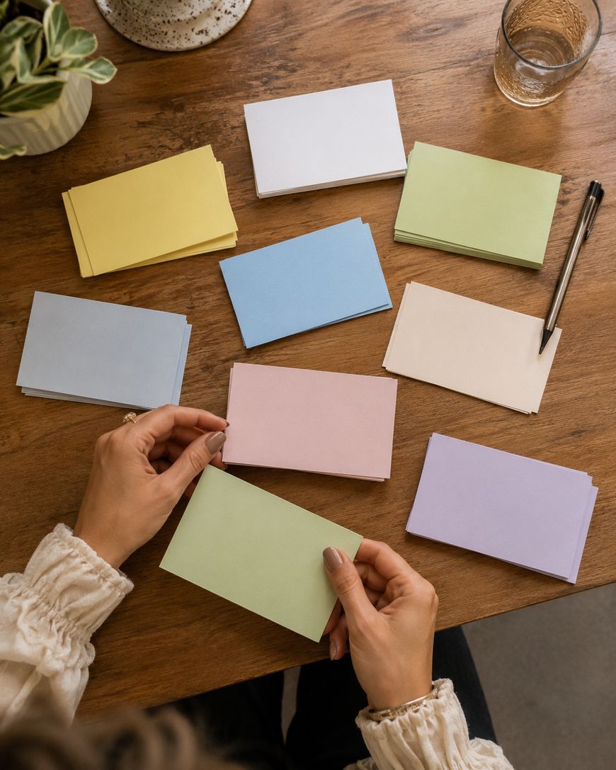 A person sorting pastel-colored index cards on a wooden table, surrounded by several neat stacks of cards, a pen, a plant, and a glass of water.