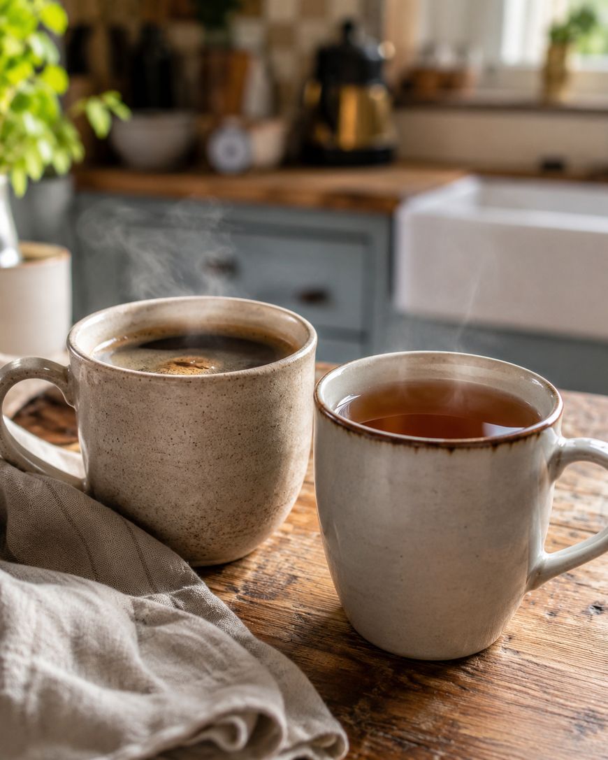 Two beige ceramic mugs filled with steaming hot drinks sit on a wooden kitchen table near a beige cloth, with a blurred kitchen background and soft natural light.