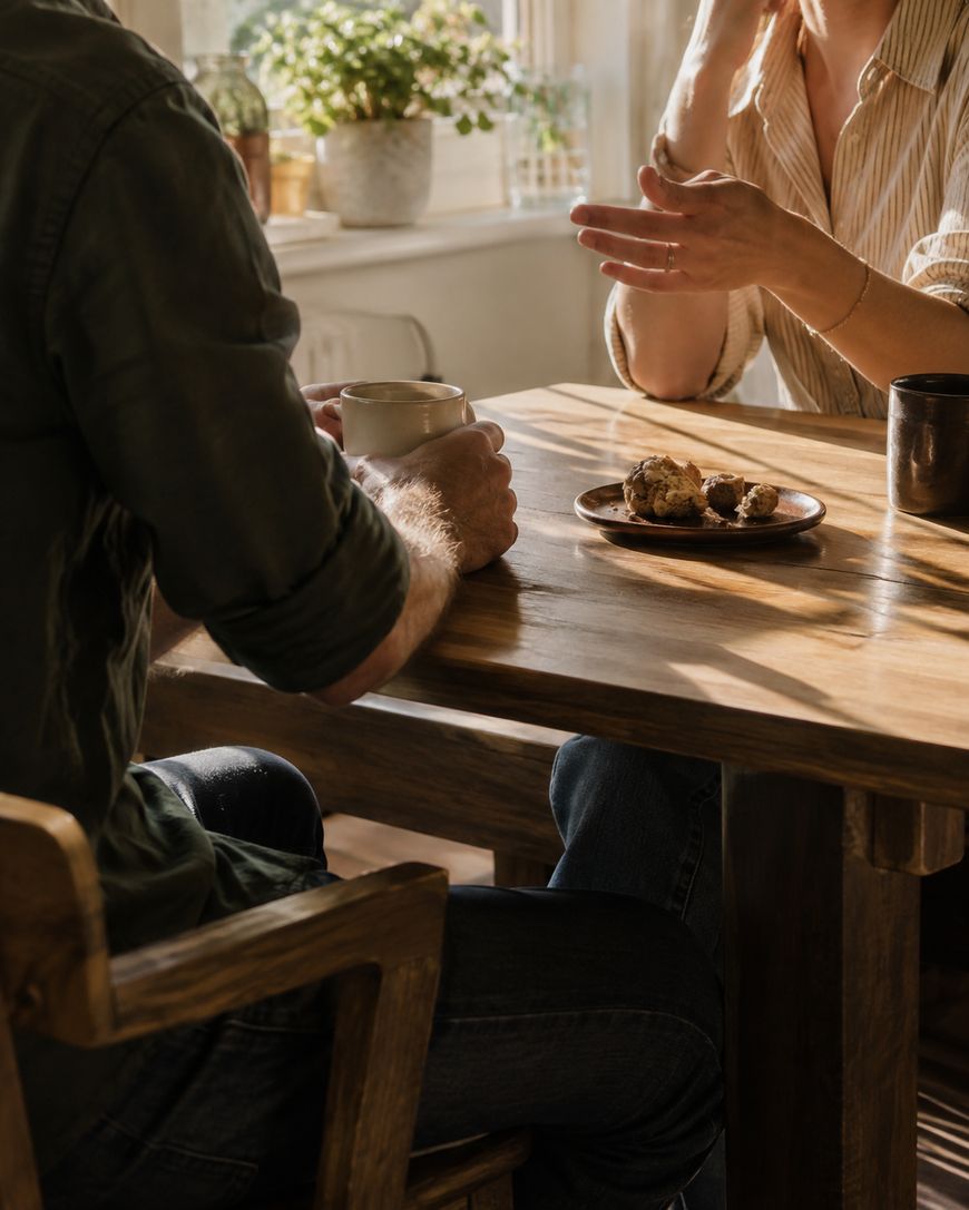 Two people sit at a wooden table with coffee mugs and cookies, engaged in conversation. Sunlight streams through a window with potted plants in the background.