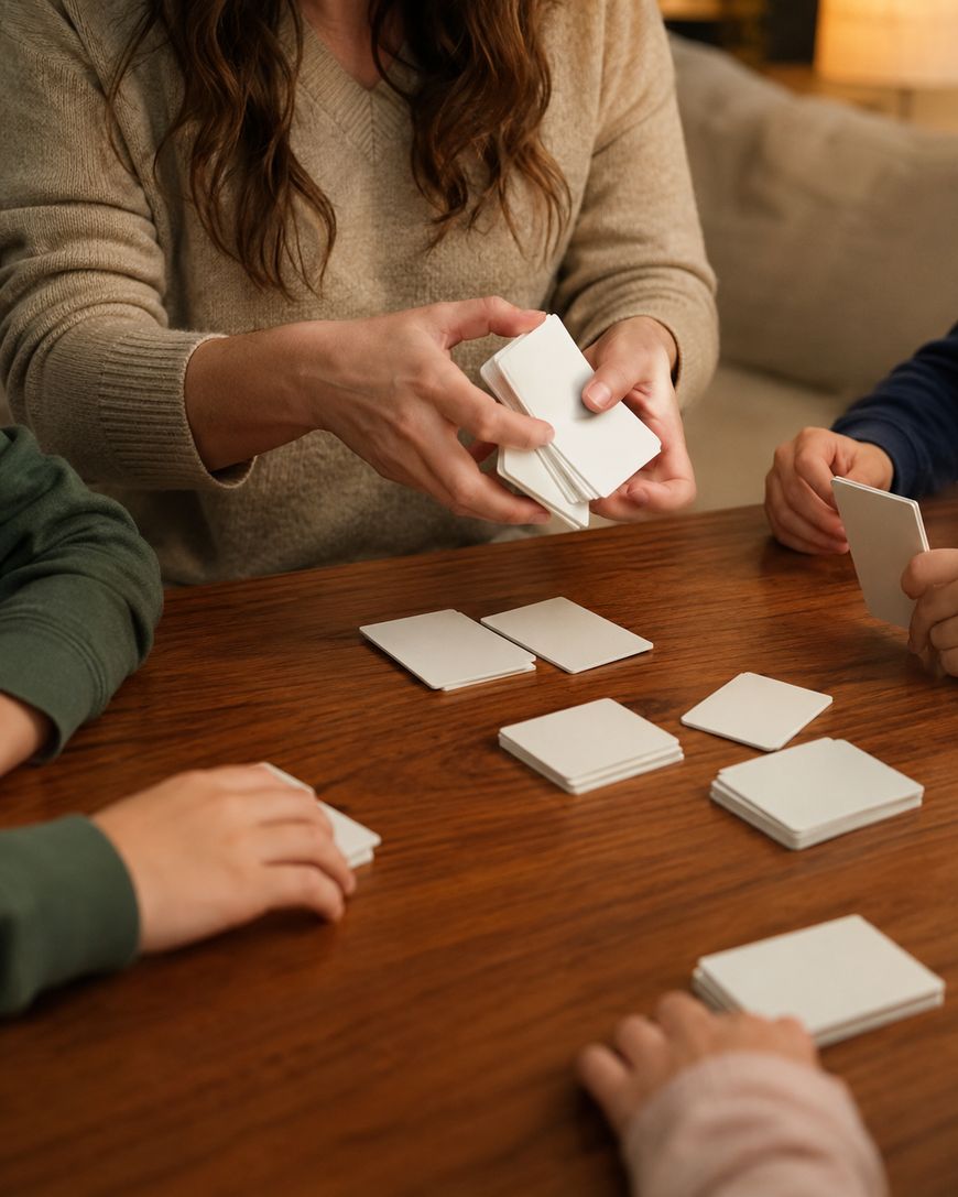 Three people are sitting at a wooden table, playing a card game with blank white cards. One person is dealing cards, while two others have their hands resting on the table.