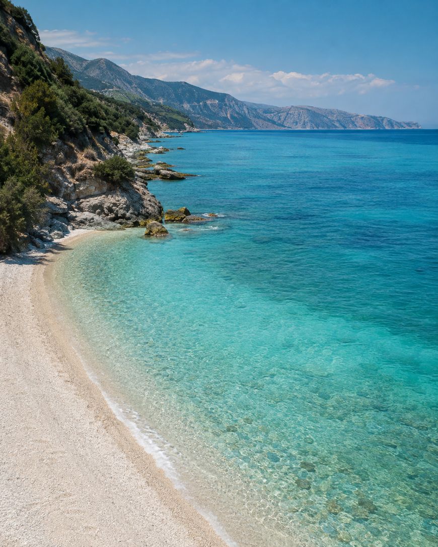 A pristine, pebbly beach meets clear turquoise water with rocky cliffs and green shrubs along the coast under a bright blue sky.