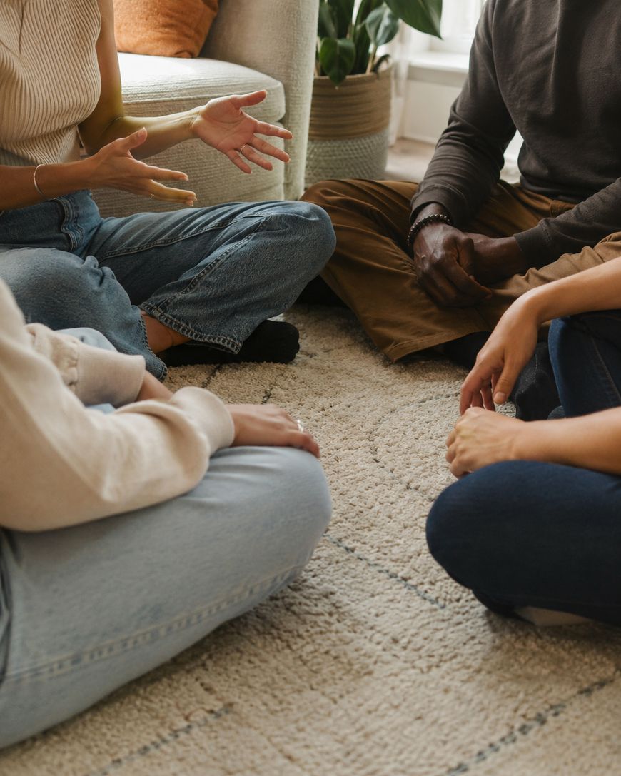 Four people sit cross-legged on a carpeted floor, engaged in conversation. Only their torsos, arms, and legs are visible. One person gestures expressively with their hands. There is a plant and part of a chair in the background.