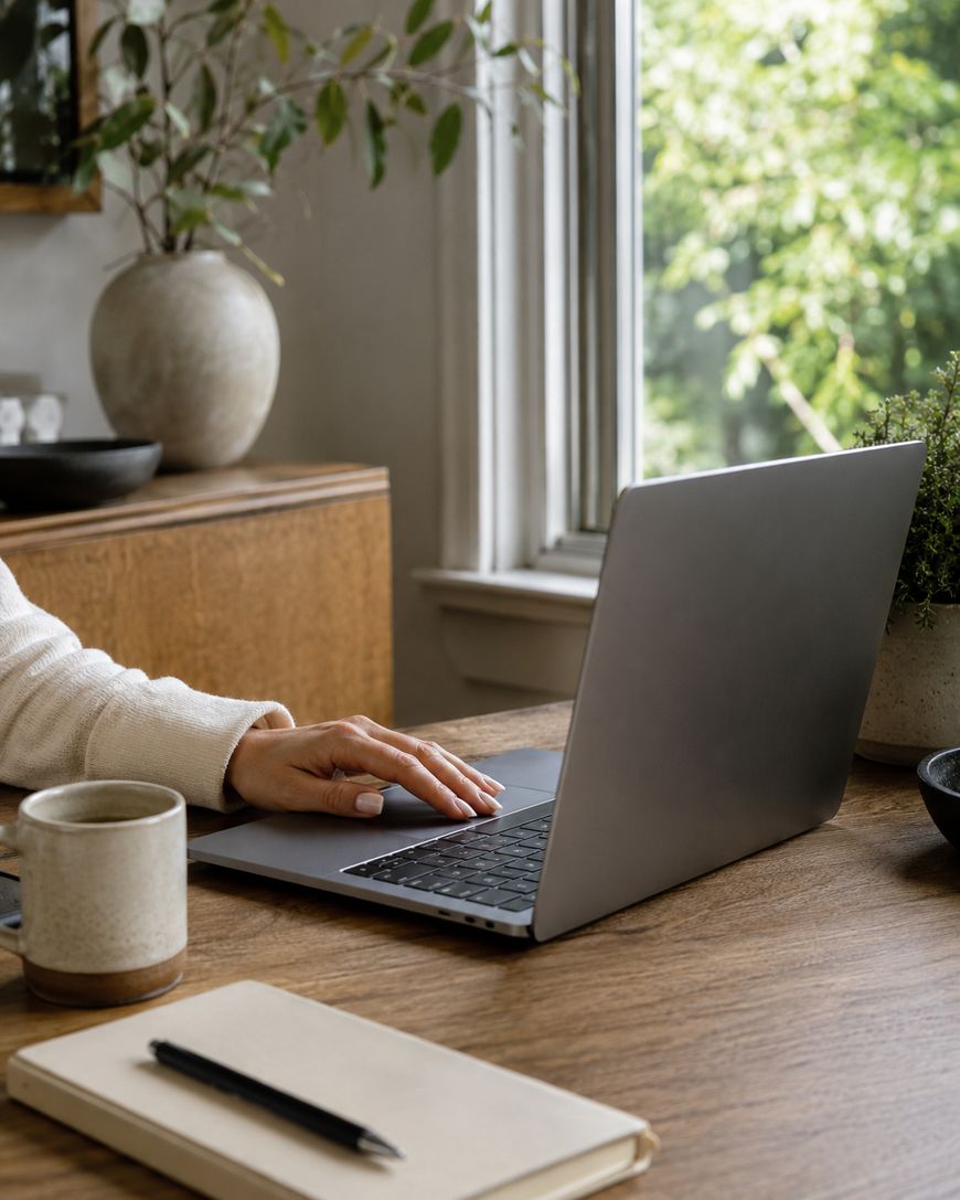 A person using a laptop at a wooden desk near a window, with a notebook, pen, coffee mug, and plants visible. Natural light fills the room.