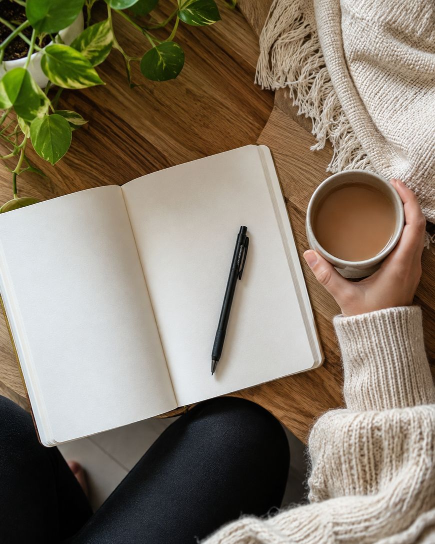 A person wearing a cream sweater holds a cup of coffee in one hand and sits by a wooden table with an open blank notebook, a black pen, a plant, and a beige fringed blanket.