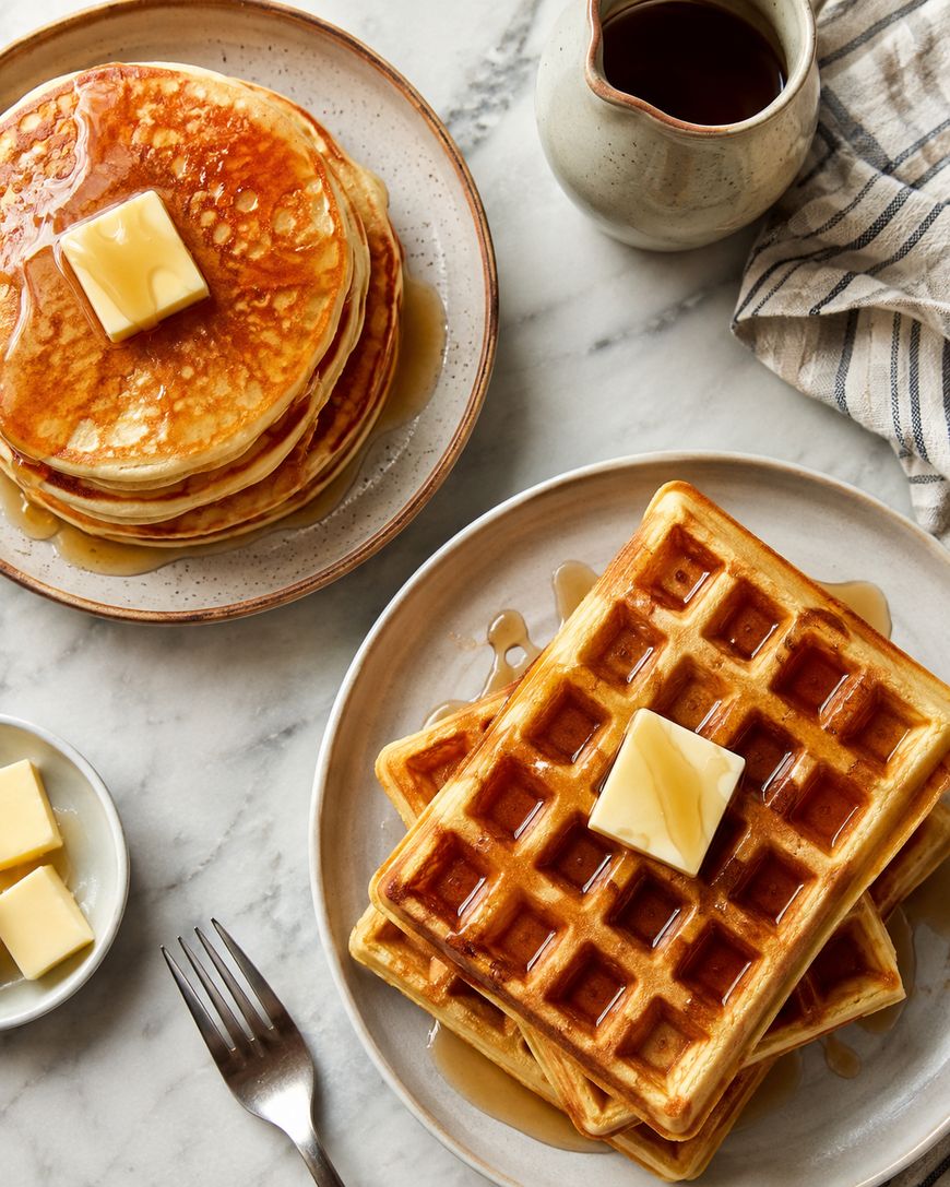 A plate of pancakes and a plate of waffles, each topped with a pat of butter and syrup, sit on a marble table with a fork, cubes of butter, and a small pitcher of syrup nearby.