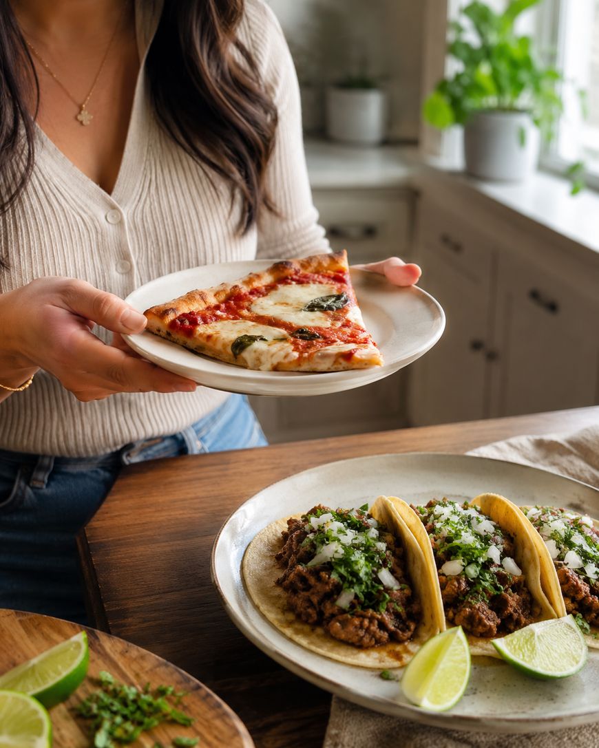 A woman holds a plate with a slice of pizza above a table with two tacos, lime wedges, and a pizza slice, in a bright kitchen setting.