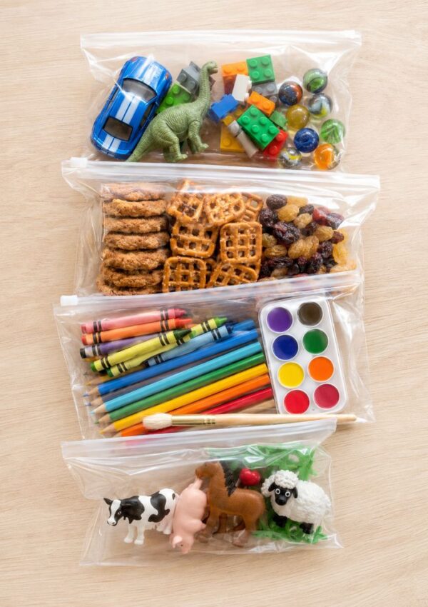 Four clear zip bags on a wooden surface, each holding different items: toy car, dinosaur, blocks, marbles; snacks and dried fruit; crayons, pencils, paint set; and three animal figurines with plastic grass.