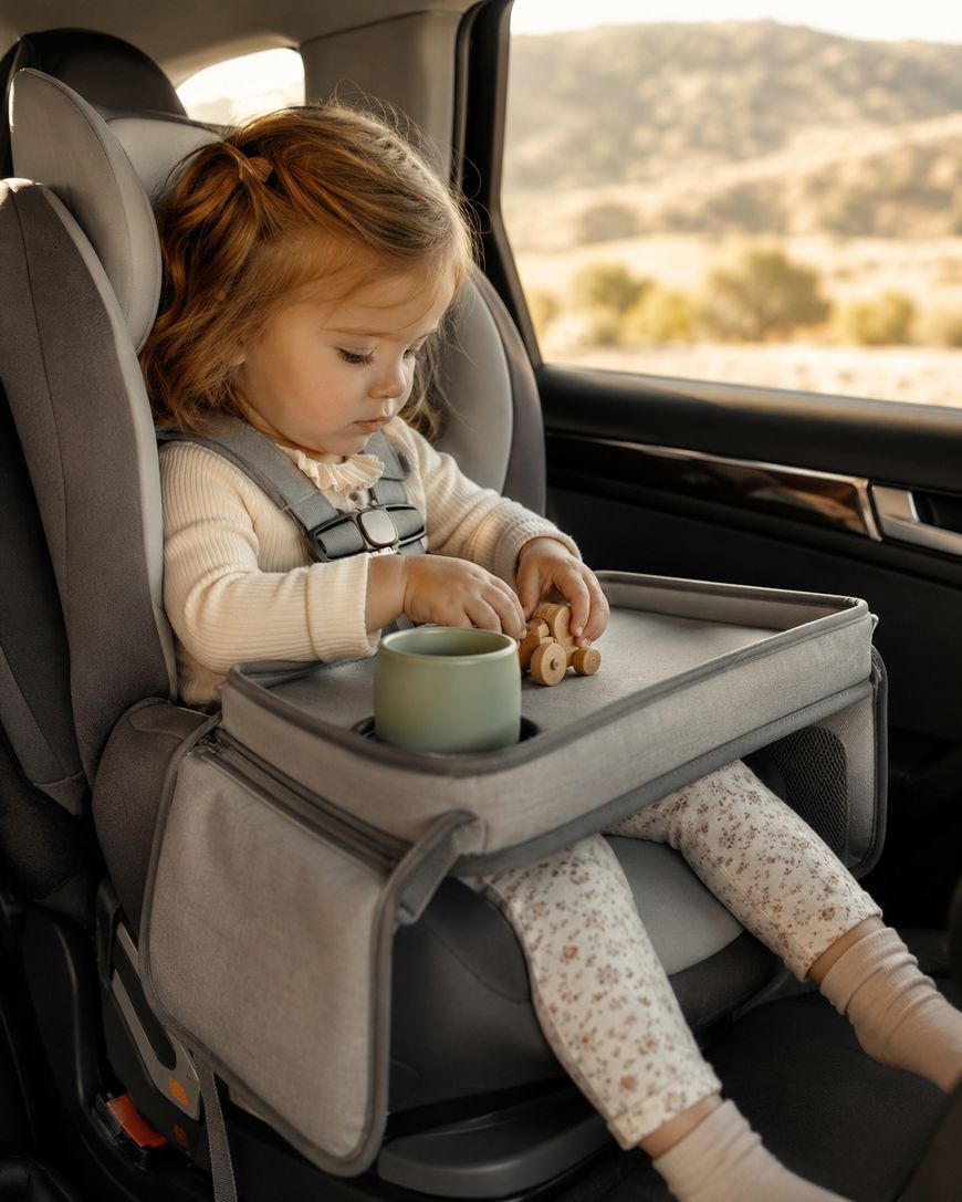 A young child sits in a car seat with a travel tray, playing with a wooden toy.
