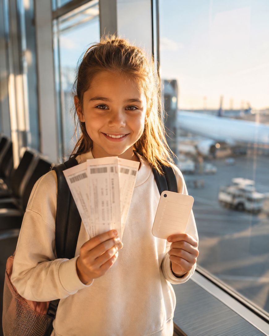 Smiling girl holding airline tickets and a passport at an airport terminal.