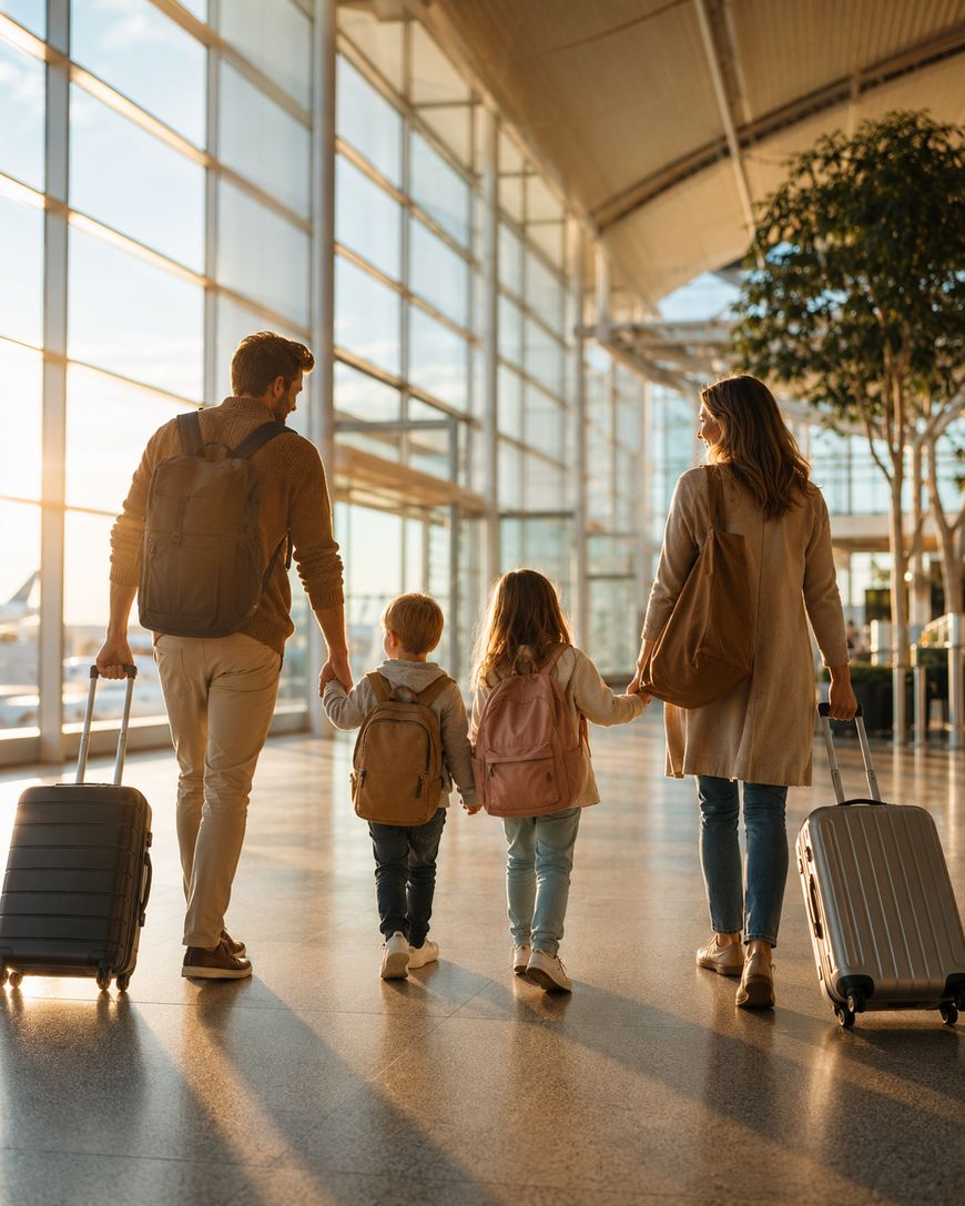 A family of four walks through a sunlit airport terminal holding hands and rolling suitcases.