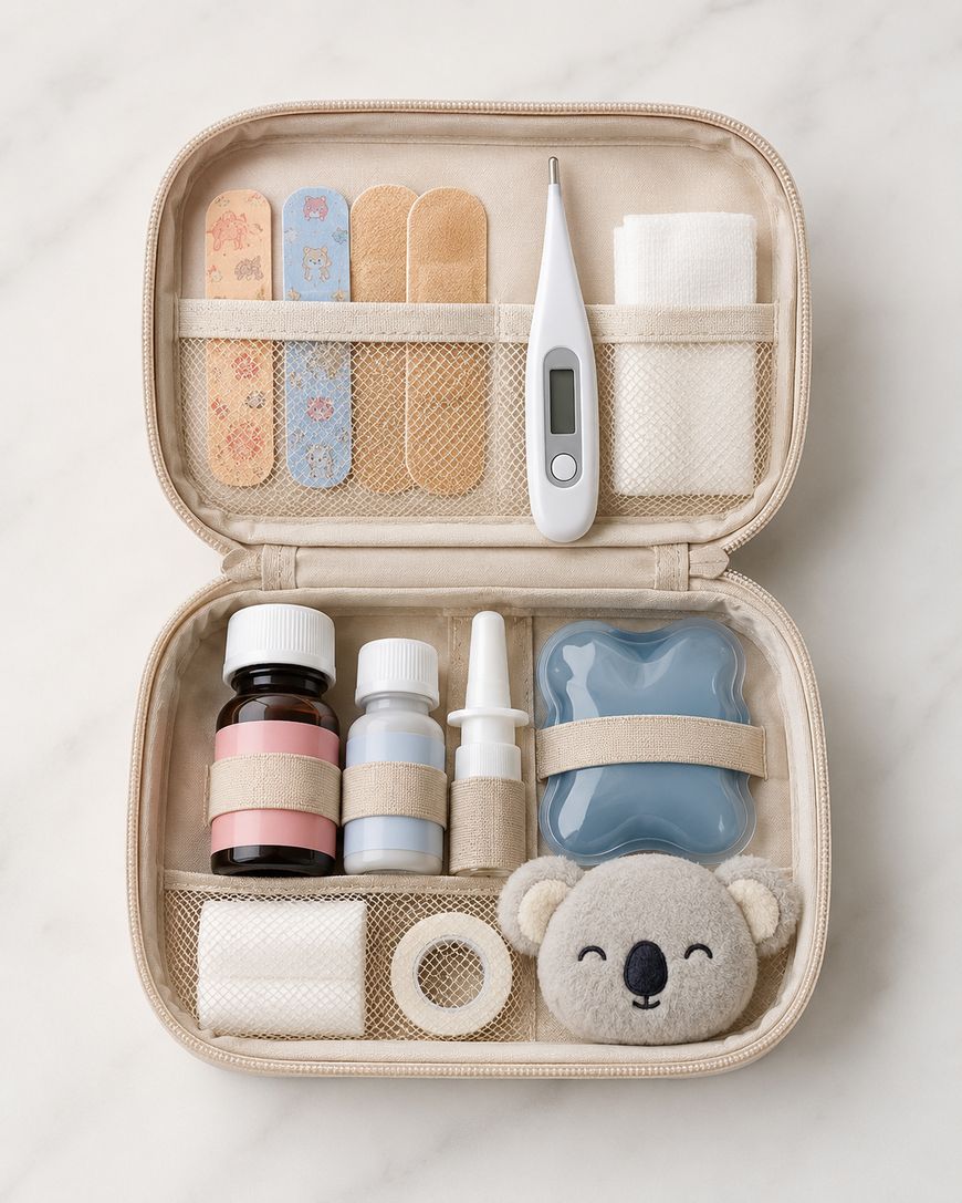 A first aid kit open on a surface, containing bandages, a thermometer, and medicine bottles.