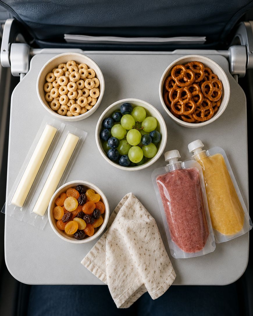 A tray with small bowls of cereal, pretzels, grapes, blueberries, and squeezable food pouches.