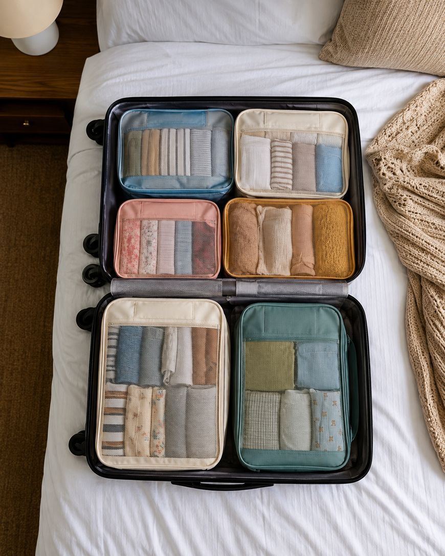 An open suitcase neatly packed with clothes organized in color-coded packing cubes.