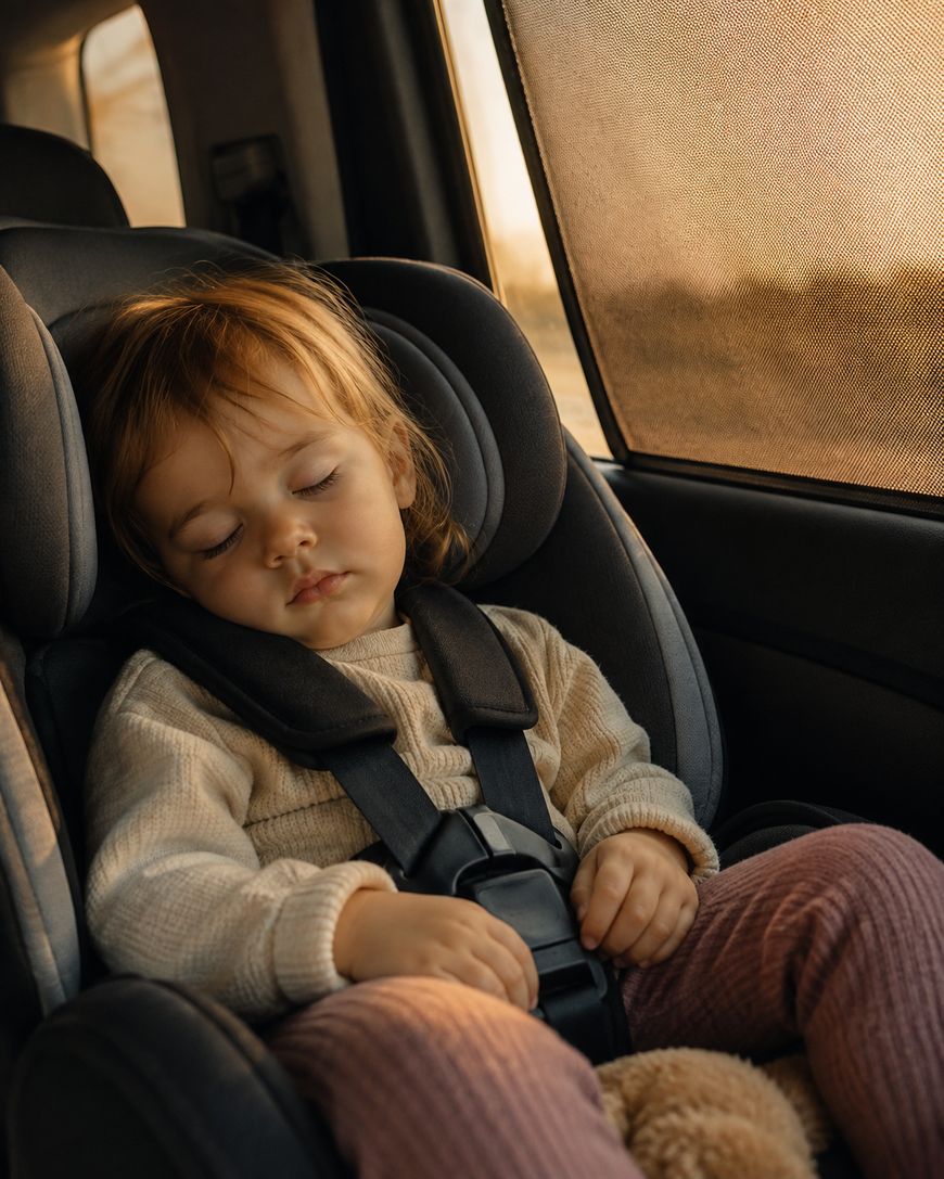 A young child sleeps peacefully in a car seat with warm sunlight streaming in.