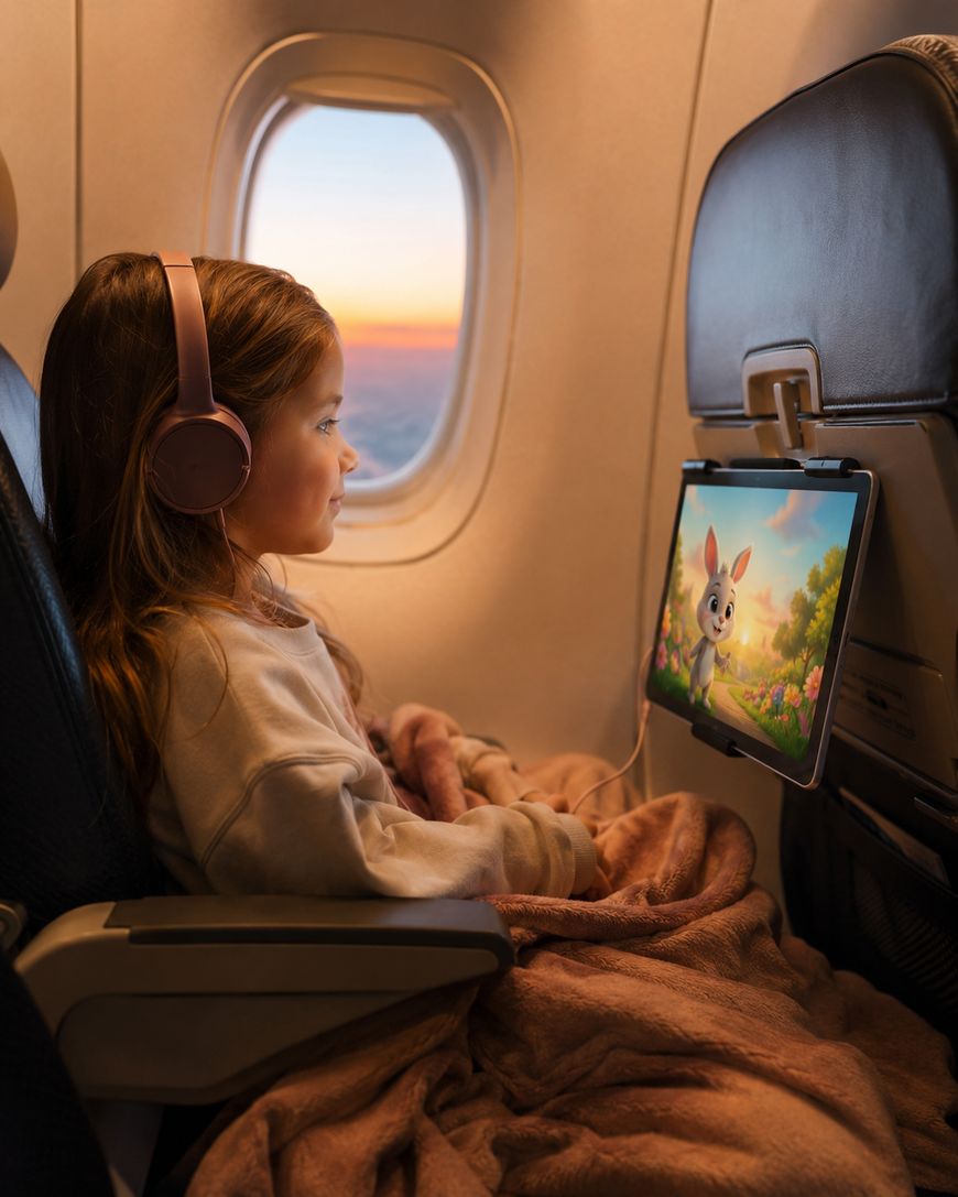 A young girl wearing headphones sits on an airplane watching a show on a seatback tablet.