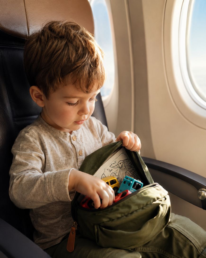 A young child sits on an airplane seat, unzipping a green bag filled with toy cars and a coloring book.