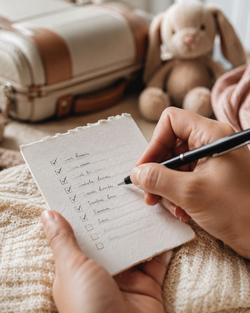 A person writes a packing checklist on a notepad, with a suitcase and stuffed bunny nearby.