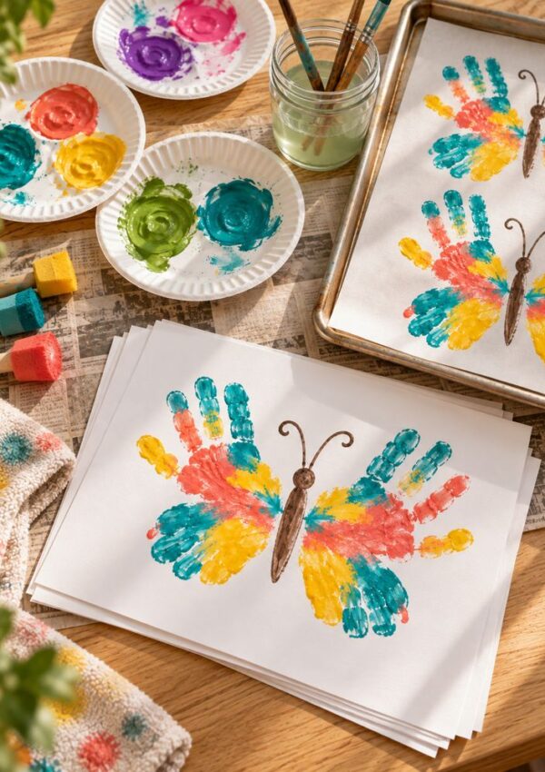 Handprint butterfly paintings on white paper, alongside paint-splattered paper plates and a jar of paintbrushes.