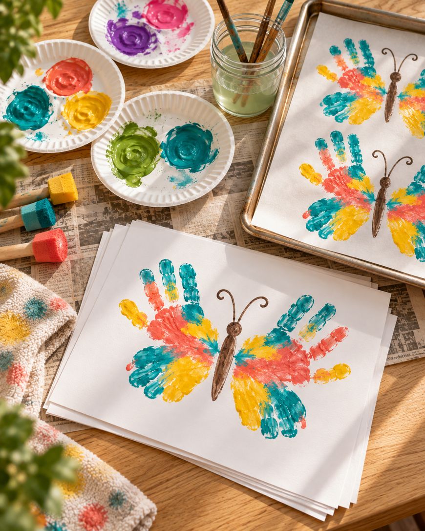 Handprint butterfly paintings on white paper, with paint palettes, brushes, and a tray of finished art on a table.