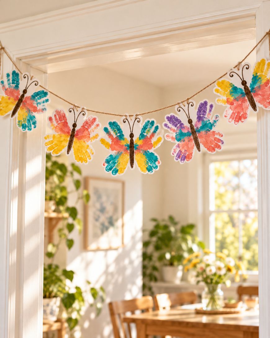 A banner of handmade paper butterflies, created from colorful child handprints, strung across a doorway.
