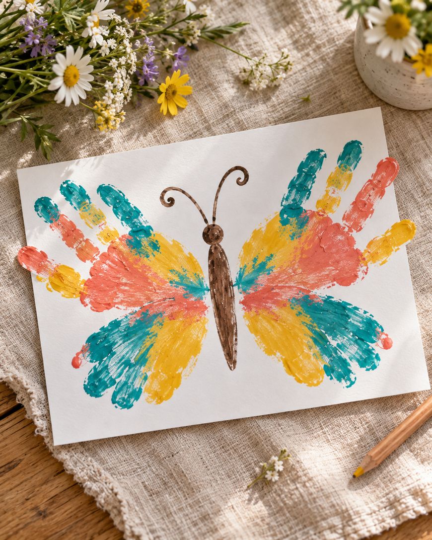 A handprint craft on paper shaped like a colorful butterfly, placed on a linen surface next to wildflowers.
