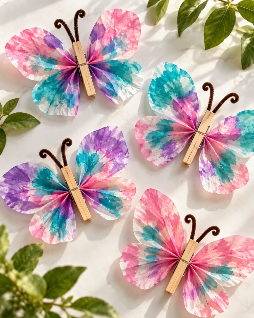 Four butterflies made from tie-dye coffee filters, wooden clothespins, and brown pipe cleaner antennae, arranged on a white surface.