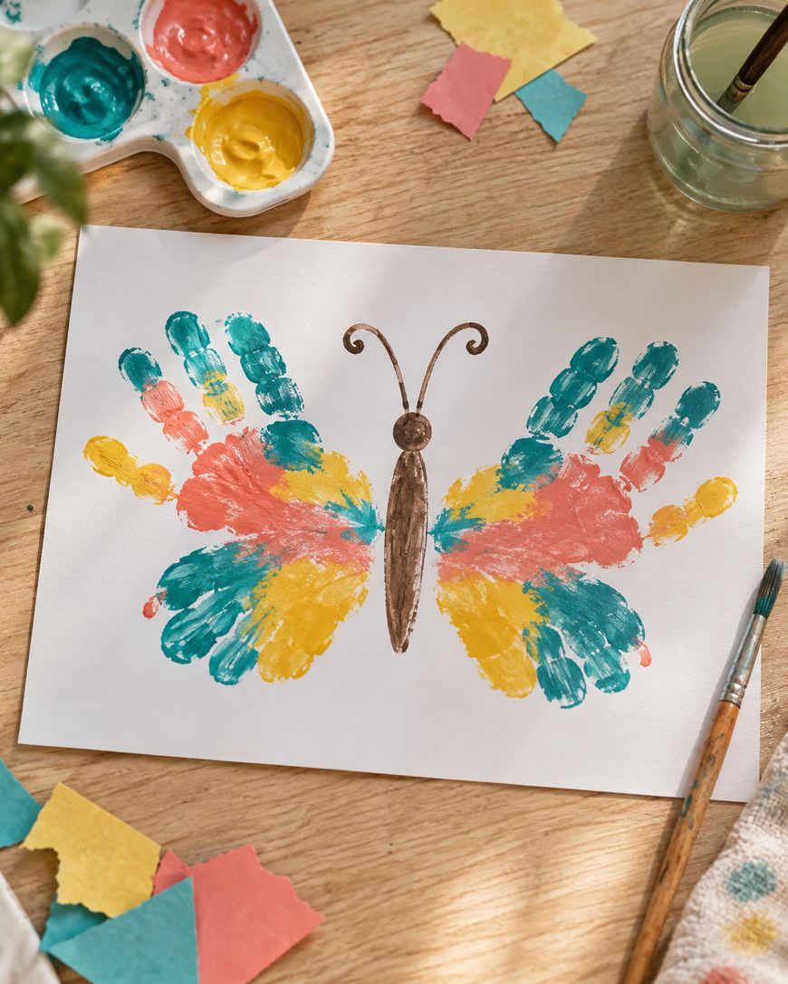 A butterfly painted on white paper using colorful handprints for wings and a brown painted body, with paint supplies on the table.
