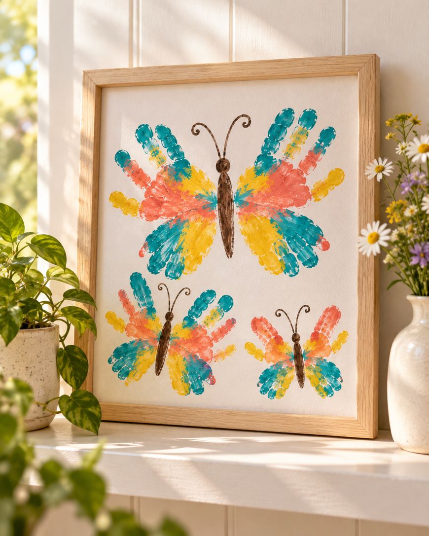 Framed art featuring three butterflies made from colorful handprints and fingerprints.