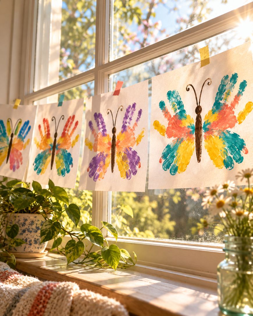 Four butterfly paintings made from handprints taped to a sunny window.