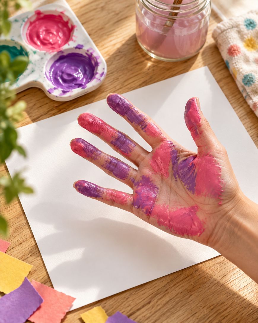 A hand covered in pink and purple paint resting on a sheet of white paper next to a paint palette and a jar of water.