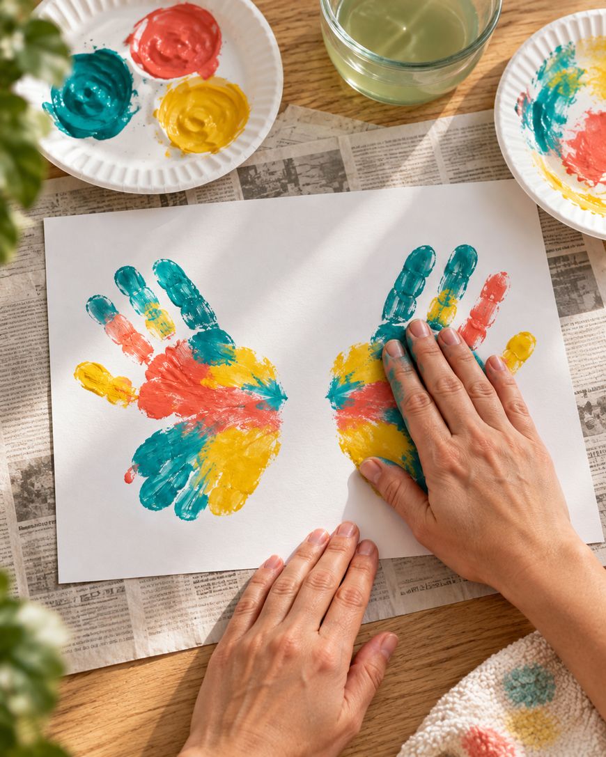 Hands pressing onto paper to make a colorful handprint alongside a finished handprint, surrounded by paint palettes and newspaper.