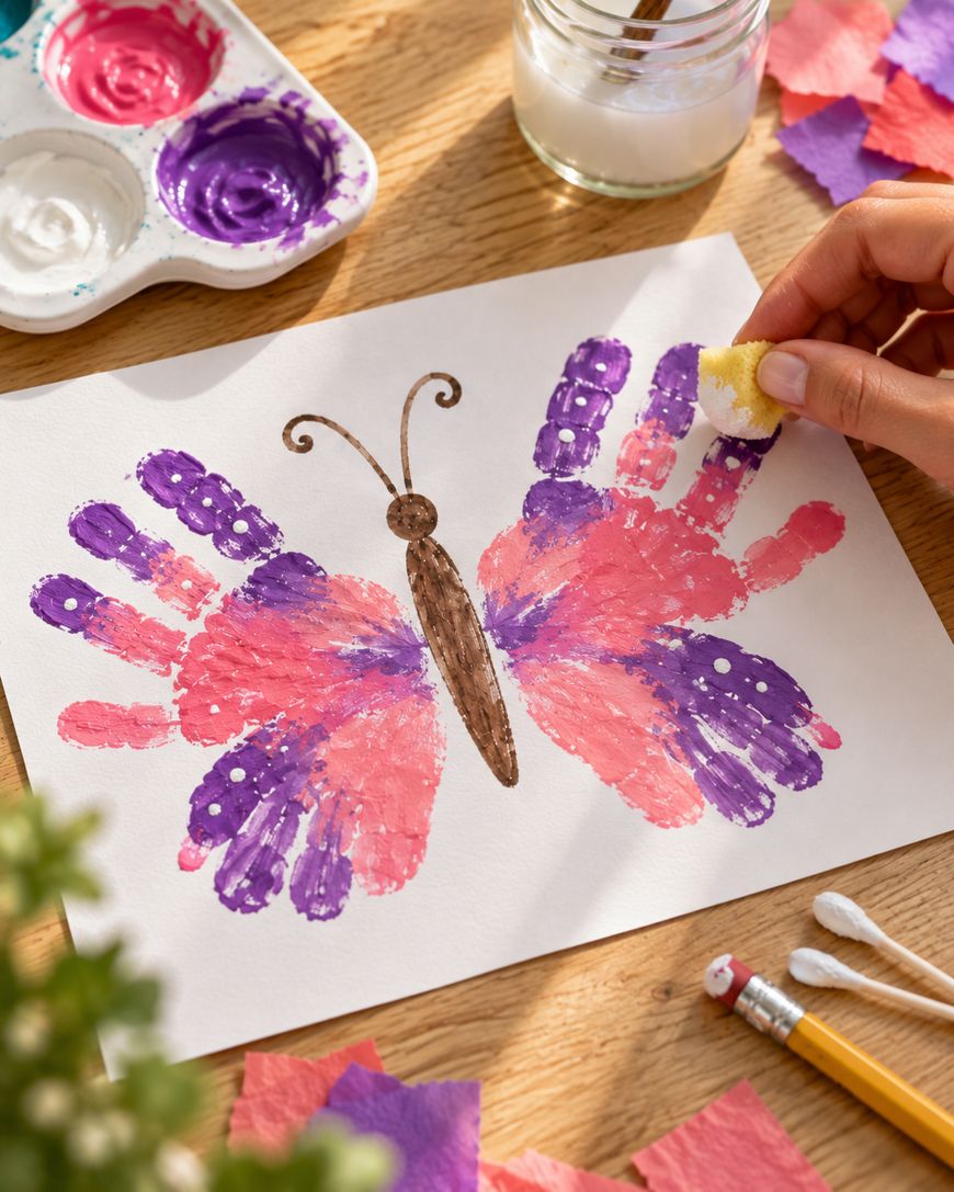 A hand paints purple and pink handprint butterfly wings on paper with a small sponge.