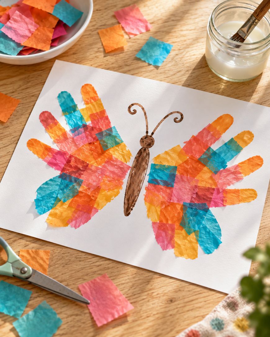 A butterfly craft on white paper featuring two handprints made of colorful, translucent tissue paper squares and a brown marker-drawn body.