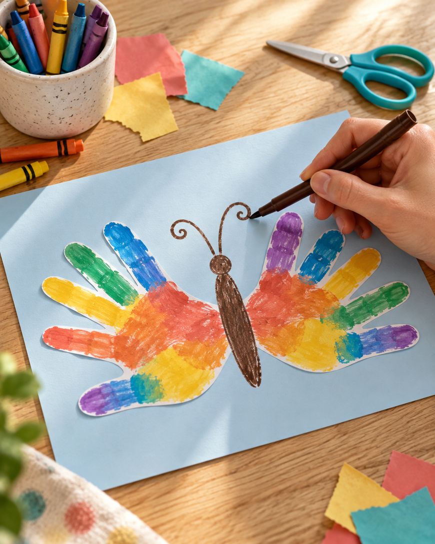 A hand uses a brown marker to draw a body and antennae onto a butterfly made from two colorful, handprint-shaped cutouts on light blue paper.