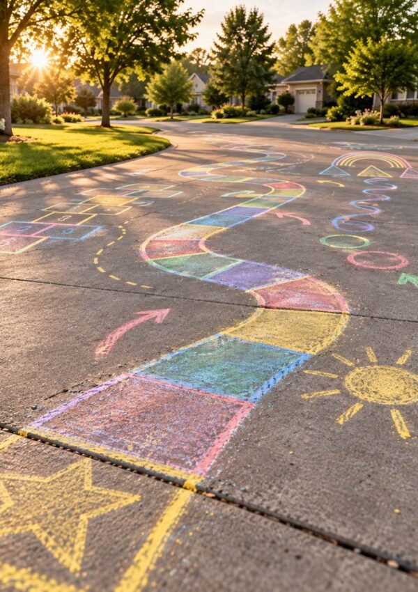 A colorful chalk obstacle course with a hopscotch grid, a winding path, and a sun drawing on a residential driveway.