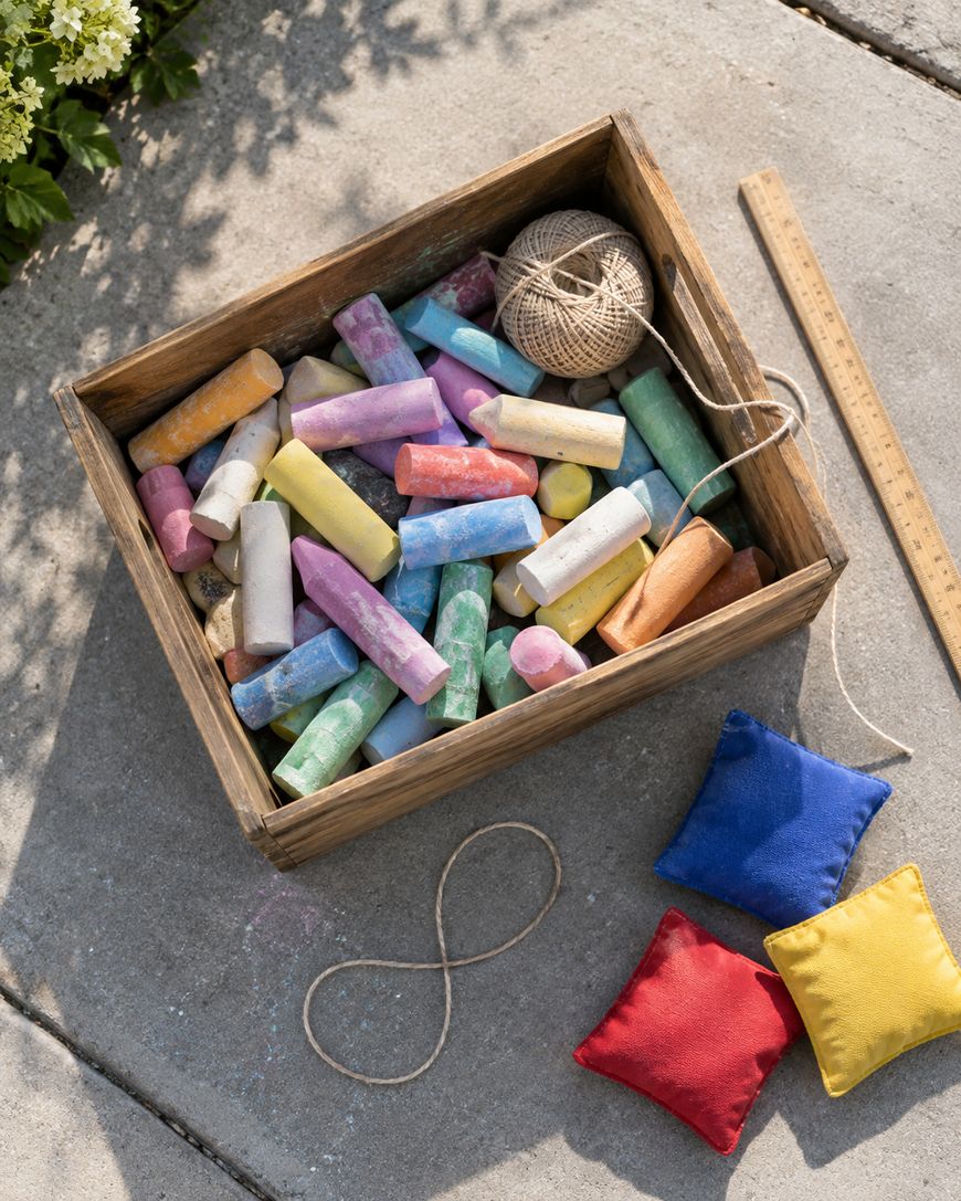 A wooden crate filled with colorful sidewalk chalk, a ball of twine, a wooden ruler, and three beanbags in red, blue, and yellow sitting on a concrete surface.