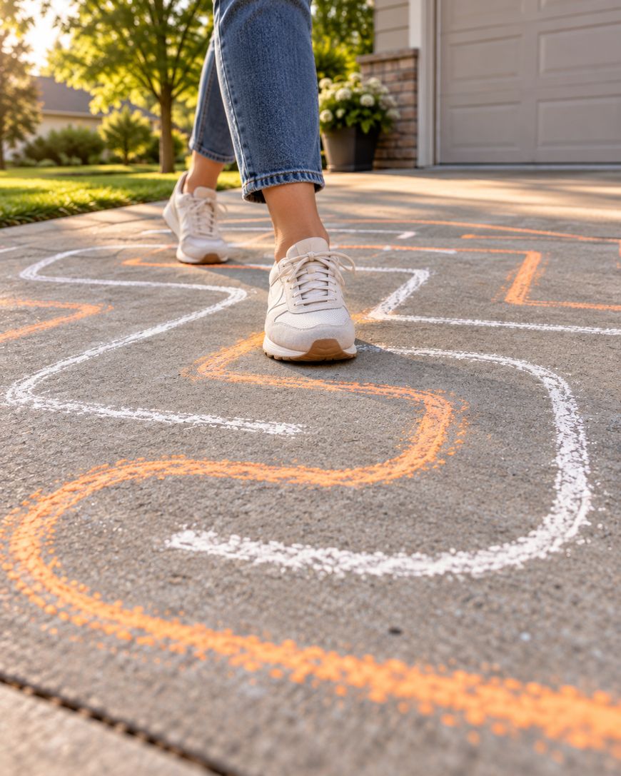 A person wearing jeans and sneakers walks along a winding path drawn in chalk on a driveway.