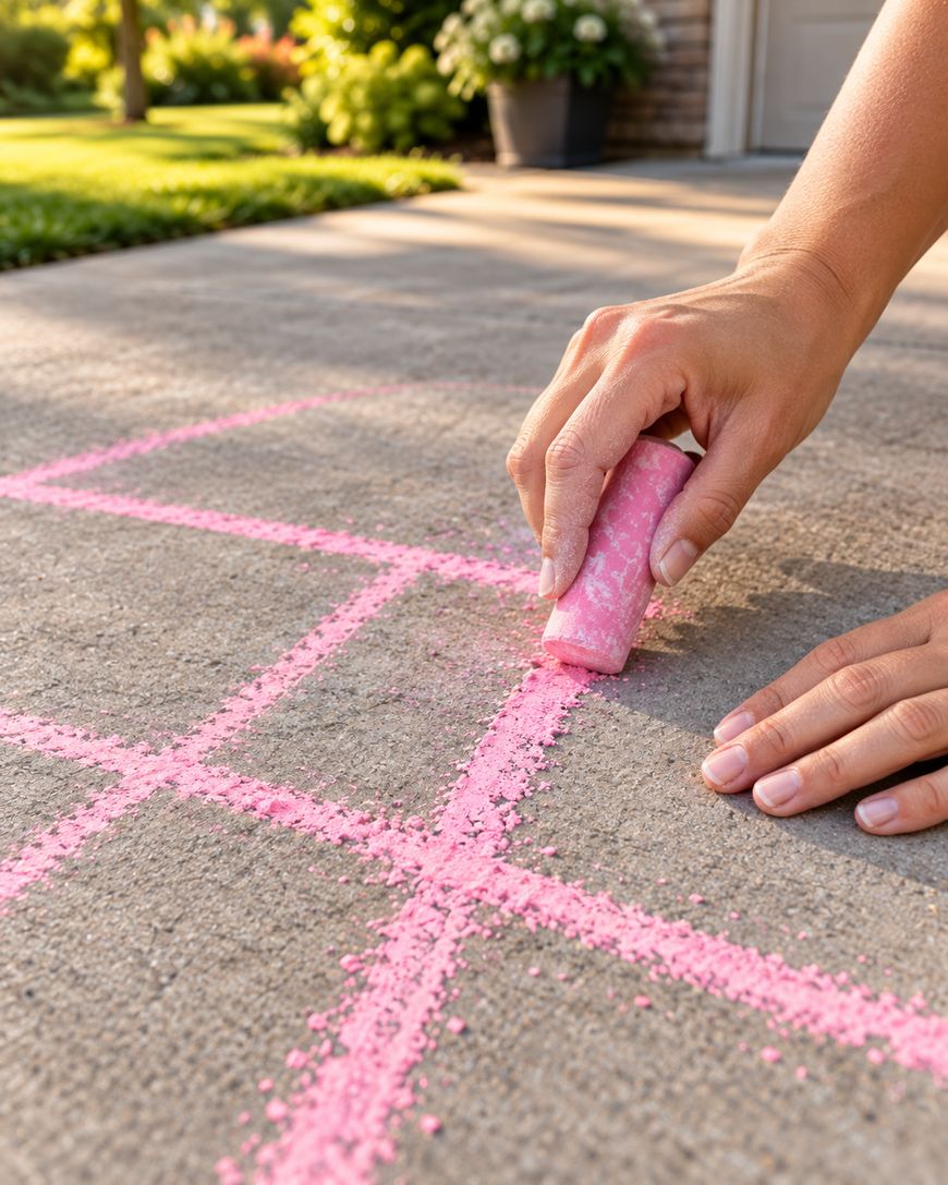 A hand uses pink sidewalk chalk to draw a hopscotch grid on a concrete driveway.