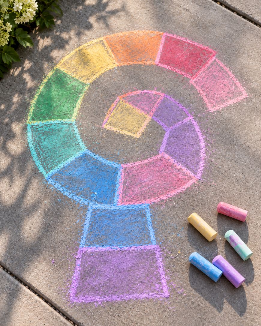 A multicolored spiral hopscotch grid drawn in chalk on a concrete sidewalk, with several pieces of sidewalk chalk nearby.