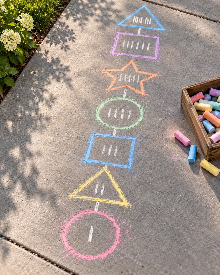 A hopscotch course drawn in colored chalk on a concrete sidewalk, featuring a sequence of seven shapes containing tally marks, with a wooden box of chalk pieces nearby.