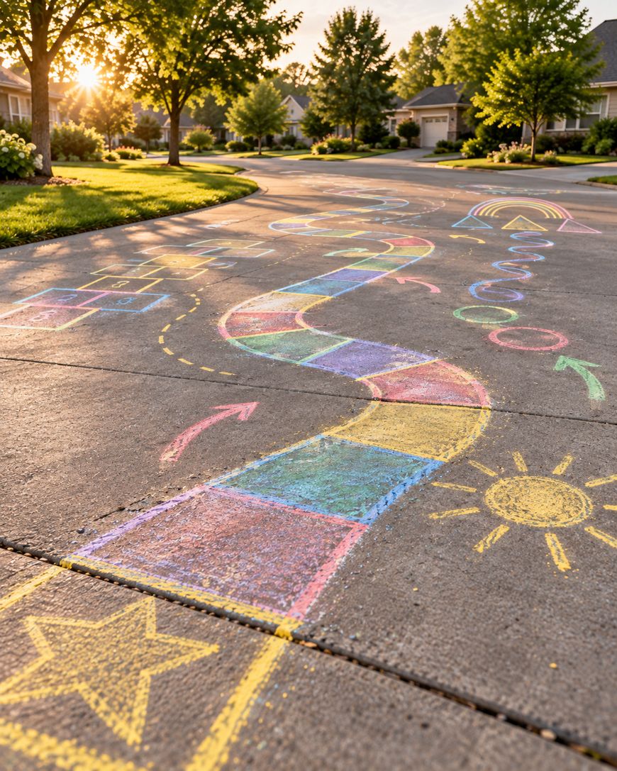 A long, winding path made of colorful chalk squares and patterns drawn on a residential driveway.