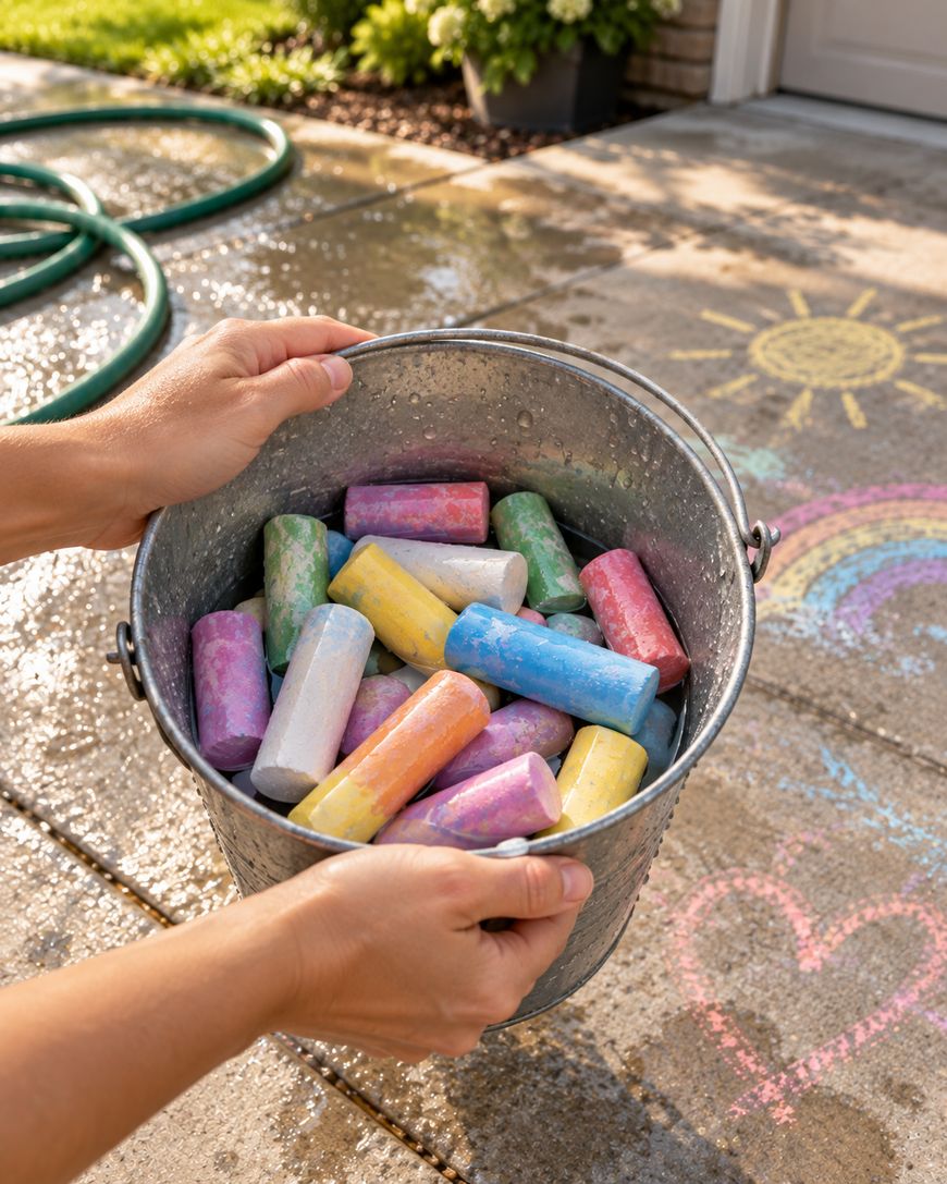 Hands holding a metal bucket filled with colorful sidewalk chalk, with drawings of a sun, rainbow, and heart on the pavement.