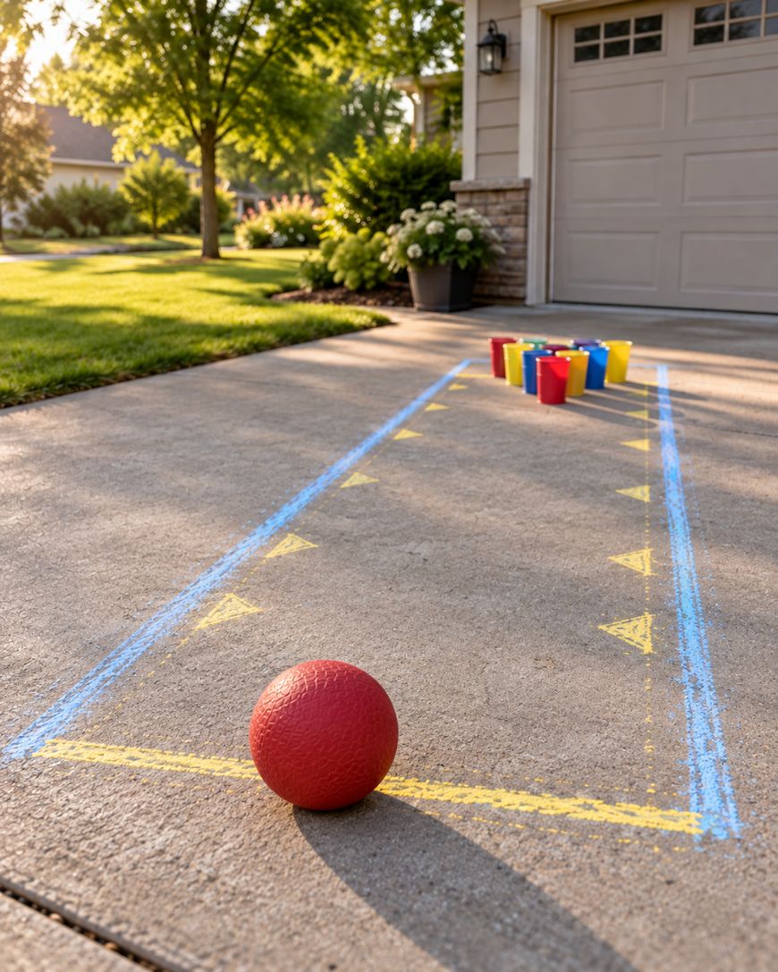 A red ball sits at the base of a driveway marked with a blue chalk rectangle, with a group of colorful plastic cups arranged as targets at the far end.