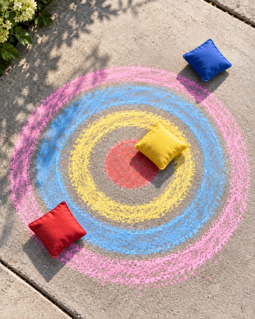 Three beanbags in red, yellow, and blue resting on a multi-colored chalk target drawn on concrete.